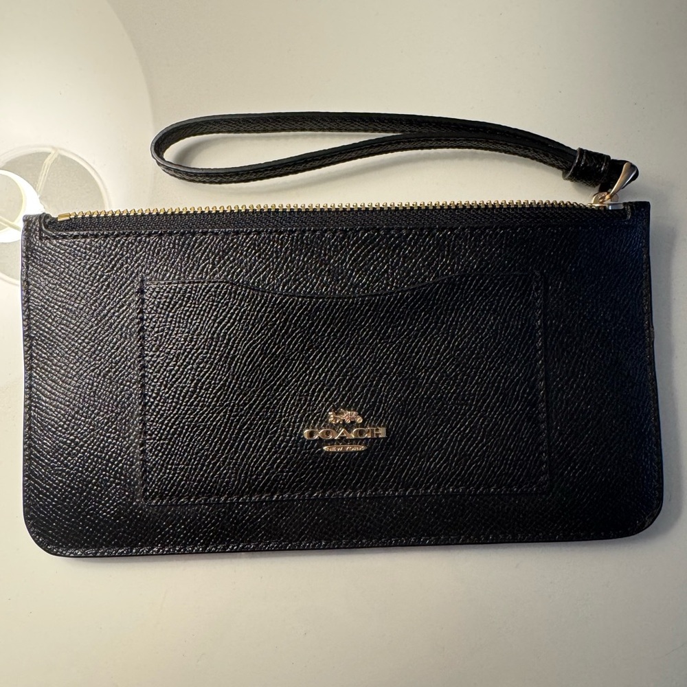 COACH Black Pebble Signature Zip Wallet Card Holder Wristlet Logo